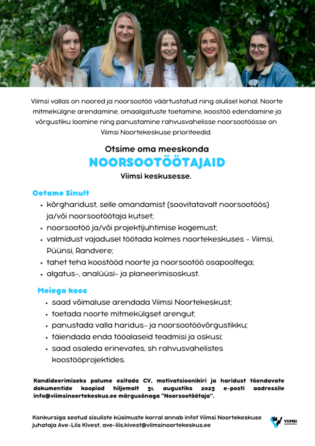 Viimsi Noortekeskuse töökuulutus kuni 31. august